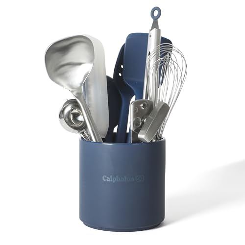 Calphalon Edge 10-Piece Kitchen Utensil Set with Crock, Stainless Steel and Silicone Cooking Tools, Nonstick-Safe Utensils with Comfortable Handles, Navy Blue
