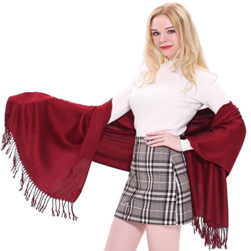 CJ Apparel Burgundy Maroon Solid Color Tassels Design Nepalese Shawl Seconds Scarf Wrap Stole Throw Head Wrap Pashmina Hand Made in Nepal New2