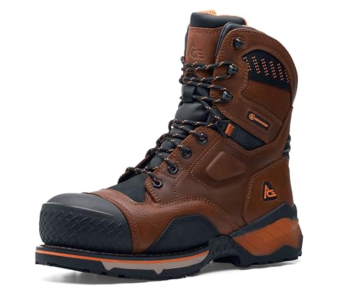 ACE Work Boots Roan Mountain, Men's 8 Inch - Nano Composite Toe,Waterproof Work Boots, Slip Resistant, Brown, Size 11
