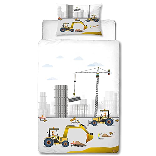 MUSOLEI Housse de Couette Enfant 120x150cm Chantier de Construction Parure de Lit Motif Camion pour Garçons avec Taie d'oreiller（40x60cm） 3D Cartoon Dessin Animé en Microfibre avec Fermeture Éclai