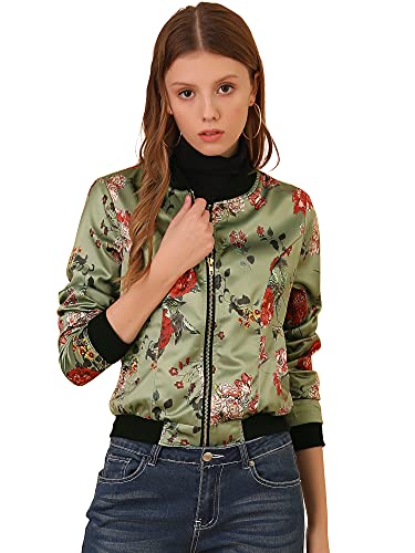 Allegra K Women's Bomber Jacket Satin Long Sleeve Zipper Floral Print Casual Fall Coat with Pocket Winter Outwear