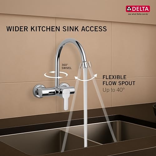 Image of Delta Faucet Wall Mount Kitchen Sink Faucet Mixer I 10 Year Warranty I Aerated Foam Flow Kitchen Faucet I Sink Tap with 360 Spout Rotation I Kami Kitchen Sink Tap I Chrome I 33904