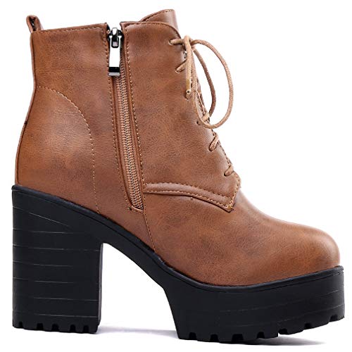 Parisuit Women's Chunky Lace Up Booties Platform High Heel Ankle Boots Fashion Autumn Winter Shoes2