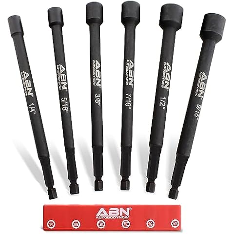 ABN Impact Nut Driver Tool Set - 6pc SAE 6 IN Long Shank Nut Driver Bits Magnetic Tip Sockets, 1/4 IN Hex Shank Cover