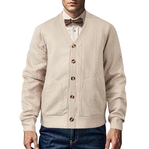 Men's Casual Long Sleeve Cardigan V-Neck Buttons Down Cable Jacquard Knit Outwear Sweater with Pockets