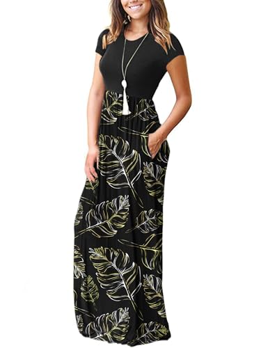 Image of MISFAY Women's Short Sleeve Maxi Dresses Long Casual Dresses with Pockets | Empire Elastic Waist, Crew Neck, Floor Length, Strentchy Flowy A Line Fit, Loose Plain Summer Outfits, Vacation Wear