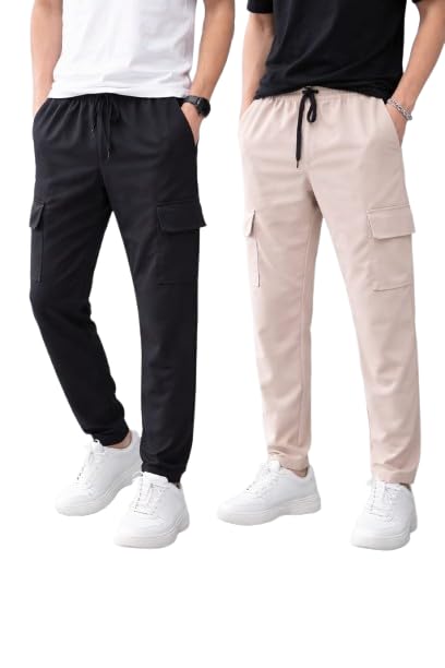 Men's Cargo Joggers with Drawstring, Side Pockets, Black and Beige, Casual Streetwear (in, Alpha, M, Regular)-picture-36