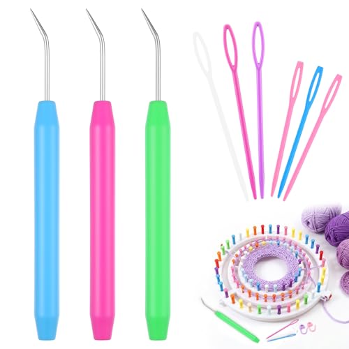 3 Pack Knitting Loom Hooks Set with Soft Ergonomic Handle Professional Loom Pick Tool & Crochet Hook Needle with 6 Large-Eye Needles (2 Sizes) for Knitting Loom Essential Knit Picker Accessories