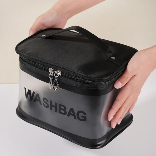 Image of Transparent and PU Waterproof Cosmetic Wash Bag (Black, Square Shape) - Travel Toiletry Organizer Pouch with Zipper & Handle for Makeup & Skincare (21.5W x 15B x 16H cm, Pack of 1)