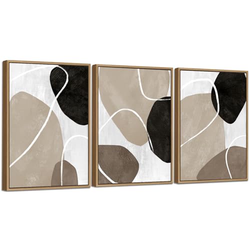 Minimalist Abstract Boho Wall Art - Natural Framed Abstract Canvas Picture Stone Painting Rock Line Artwork Modern Geometric Canvas Prints for Home Wall Decor 20" x 28" * 3 Tan Brown Grey Black by yearainn - Used condition - Image 2