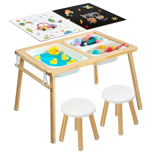 Image of VEVOR Sensory Table for Toddlers, Wooden Kids Activity Table with 2 Stools, Double-Sided Board, Storage Bins, and Non-Slip Feet, for Boys and Girls Playing Sand and Water, Drawing, Studying, Dining