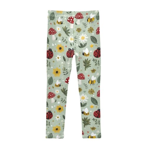 Red Mushrooms Yellow Black Striped Bees Green Leaves Flowers Ladybugs Girls Leggings Kids Yoga Pants Dance Active Tights 4T2