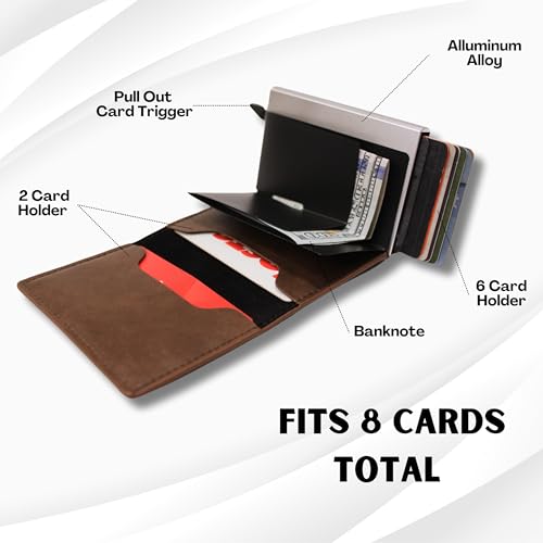Men’s Leather RFID Wallet – Slim Aluminum Automatic Pop-Up Card Holder with 8 Card Slots, and RFID Blocking for Credit Card Protection (Brown)4