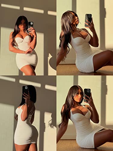 Image of ZileZile Women's Sexy Sleeveless Halter Dress Bodycon Ruched V Neck Party Club Mini Dress White