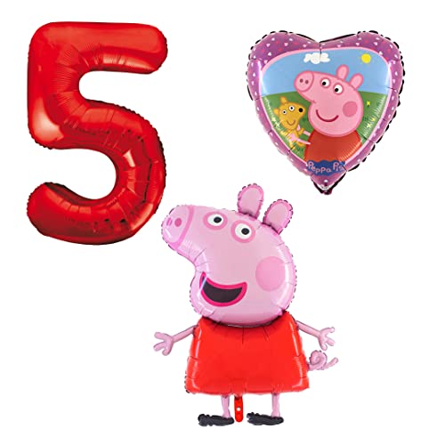 Ballonset Peppa Wutz Pig 3 er Set Peppa Folienballon, Zahl 5 in rot, Peppa mit Teddy Herz