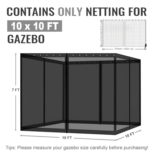 COWVIE Gazebo Replacement Netting Screen, 10' x 10' Universal Gazebo 4-Panel Mosquito Net Sidewalls with Double Zippers for Outdoor Patio (Only Netting)