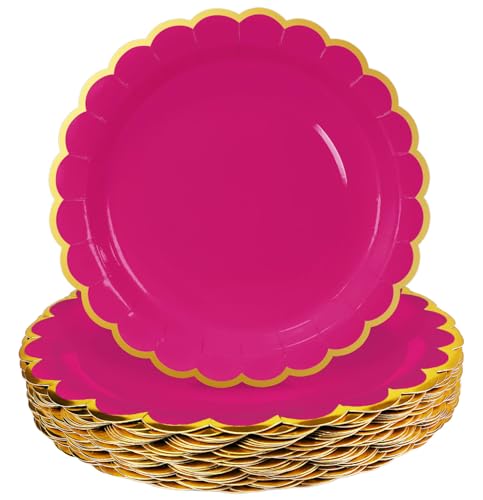 Image of HEIPINIUYE 50 Pieces Hot Pink Paper Plates with Gold Foil 9 Inch Disposable Pink Scalloped Dinner Plates for Wedding Baby Shower Birthday Party Dessert Plate