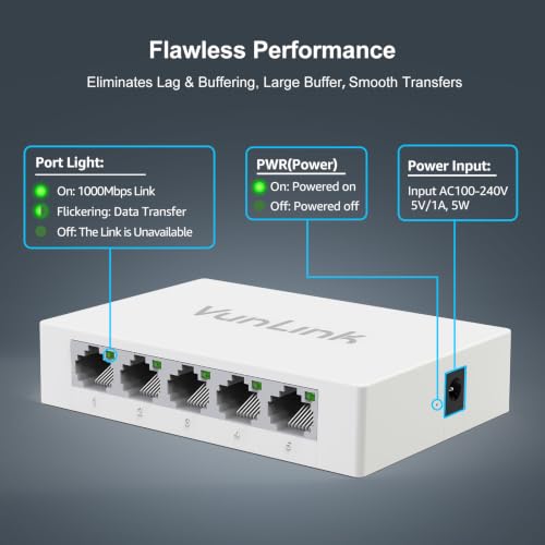 Image of 5 Port Gigabit Ethernet Switch - VunLink Unmanaged Network Switch Hub, Desktop Ethernet Splitter, Fanless & Energy Efficient, High-Speed Connection for Home, Office, NAS, Gaming