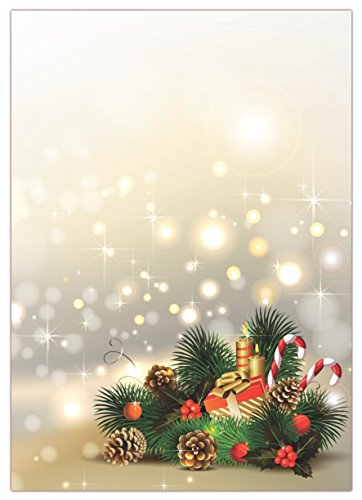 Motiv Briefpapier (Weihnachten-5054, DIN A4, 25 Blatt). Einseitig bedrucktes Briefpapier, sehr gut beschreibbar, für alle Drucker/Kopierer geeignet, Motivpapier mit Weihnachtsgesteck, Kerzen, Geschenk, Tannenzweige Tannenzapfen Misteln Kugeln Zuckerstangen goldene Sterne