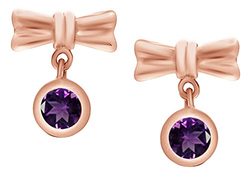 Round Cut Simulated Amethyst Ribbon Bow Dangle Earrings In 14k Rose Gold Over Sterling Silver