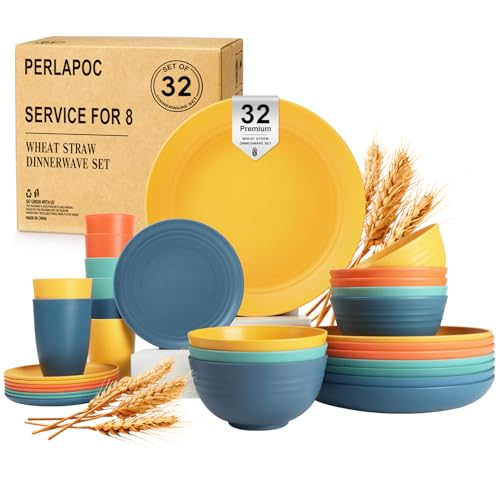 Image of Wheat Straw Dinnerware Sets, Plates and Bowls Sets Unbreakable & Microwave Safe - 32 Piece Service for 8 Dinner Plate Dessert Plate Cereal Bowl Cup for Kitchen & Outdoor - Multi