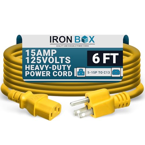 Image of IronBox Electric - Heavy-Duty 5-15P to C13 Power Cord - 3 Prong 15A 125V 14 /3 SJT PC Cable - Cord for Computer, Monitor, Subwoofer, Amplifier - Cable for Power Supply - (Yellow 6 Foot)