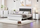 Merax 4-Pieces Bedroom Set, Queen Size Bed Frame Platform with LED Lights Upholstered Headboard & 6 Drawers Dresser Cabinet & 2 Nightstands, Mirrored Metal Handle, No Box Spring Needed, White