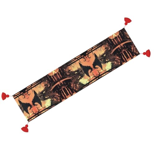 Chemin de table imprimé horreur d'Halloween lavable pour buffet et repas