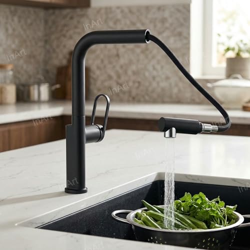 Image of INART Matte Black Kitchen Faucet - Brass Pull Out Sink Mixer Tap with Dual Flow Sprayer, 360 Swivel Spout & Hot Cold Water Control