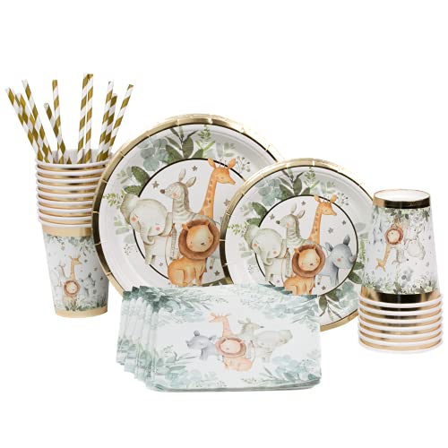 Safari Baby Shower Decorations for Boy or Girl Real Gold Foil Safari Plates Cups and Napkins Set Serves 32 Safari Baby Shower