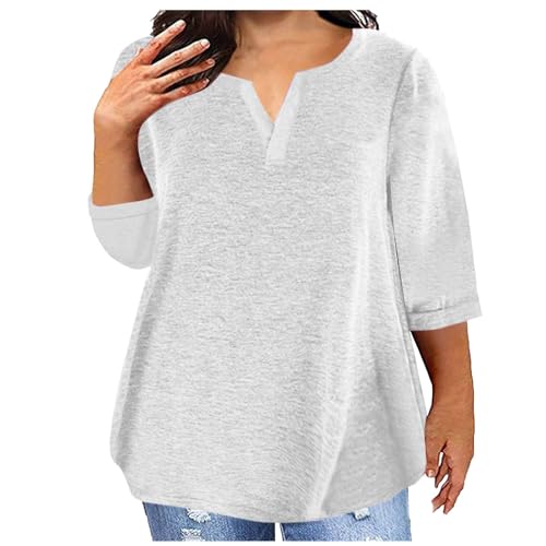 Womens Tshirts Cotton Loose Fit V Neck Three Quarter Sleeve Blouses Comfortable Plus Size Lounge Top for Teen Girls - Main Image