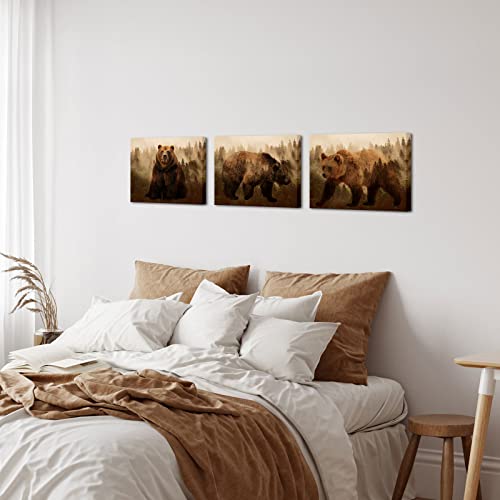 Ouelegent Brown Bear Canvas Wall Art Forest Animal Art Print Painting Picture 3 Pieces Stretched And Framed For Living Room Bedroom Bathroom (Small) #TOP1