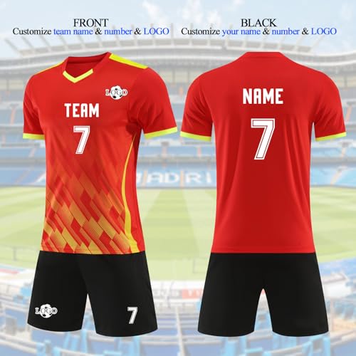 RIZUNTO Adultos Niños Personalizadas Camisetas de Futbol Equipos Hombre Infantil Equipacion Conjunto, con tu Nombre Escudo y número,03 Rojo