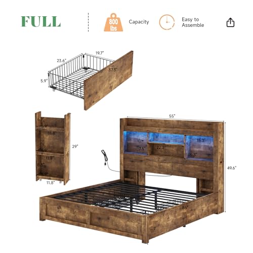 AMERLIFE-Full-Size-Bed-Frame-with-4-Storage-Drawer-LED-Bed-Frame-with-496-Tall-Bookcase-Headboard-Wood-Platform-Bed-with-Charging-Station-2-Slide-Bedside-Shelf-No-Box-Spring-NeededRustic-Brown AMERLIFE Full Size Bed Frame with 4 Storage Drawer LED Bed Frame with 496 Tall Bookcase Headboard Wood Platform Bed with Charging Station 2 Slide Bedside Shelf No Box Spring NeededRustic Brown