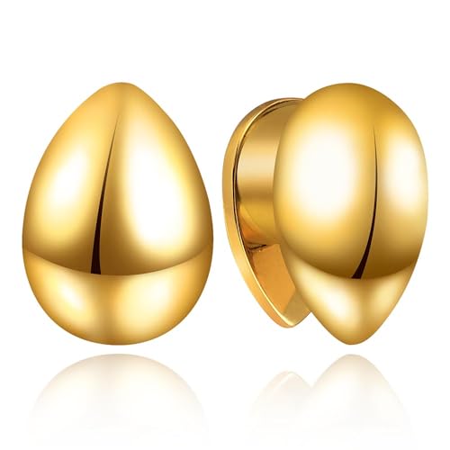 Casvort 2 PCS Hypoallergenic 316 Surgical Stainless Steel Gold Elegant Teardrop Ear Tunnels and Plugs 5/8 Fashionable Ear Gauges 16mm Earrings Women Piercing Jewelry