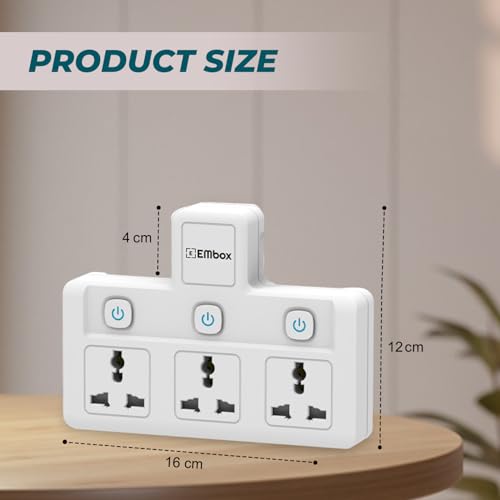 Image of EMBOX Multi Plug Socket with Individual Switch-Cordless Extension Board with 3 Universal Sockets-Multiplug -1500W