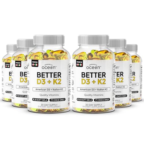 Image of Organics Ocean Better D3 + K2-100% Organic VIT D3 and K2 Supplements with Maximum Bioavailability - Supports Bone Density, Calcium Balance, Immunity & Mood - 6-Pack, 180-Day Supply