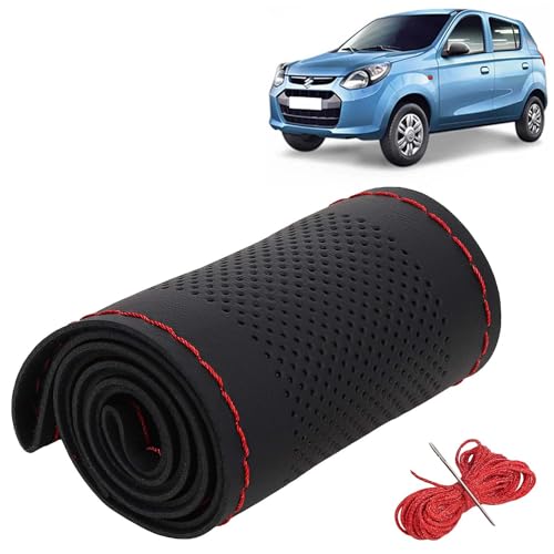 Image of KINGSWAY PU Leatherite Car Steering Cover Sewable Compatible with Maruti Suzuki Alto (Year 2012 Onwards), Black Color with Red Thread, Pack of 1 with Sewing Needle and Thread