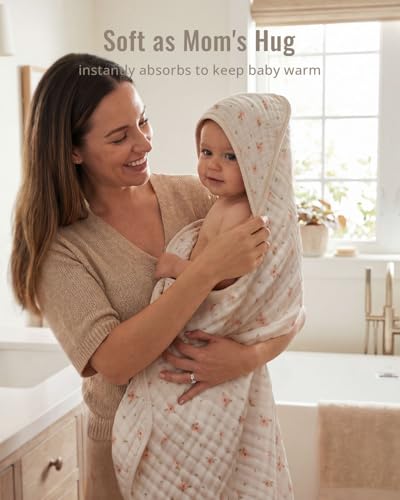 Blissful Diary Muslin Baby Hooded Towel 2 Pack, Soft & Absorbent Bath Towel for Baby Girls, Infant Gift, Newborn Essentials, Pink Floral & Light Pink - Image 6