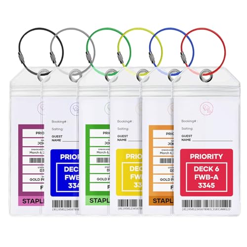 Cruise Luggage Tag Holders fit for All Printed Cruise Luggage Tags (Set of 6 ea with Colored Wire Loops) by Beluga Gears