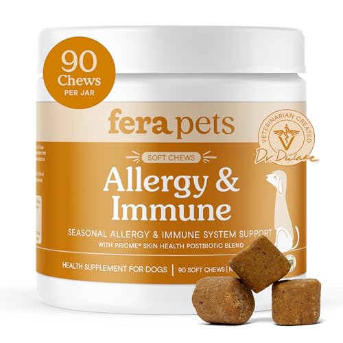 Fera Pets Dog Allergy Chews – Allergy Relief & Itching Skin Relief – Immune & Gut Support with Organic Mushrooms, Postbiotics & Colostrum – Promotes Skin Health – 90 Soft Chews