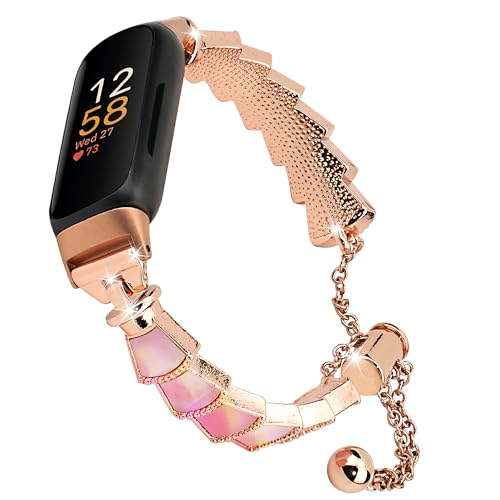 Wongeto Fitbit Inspire 3 �o���h ���f�B�[�X �V�F���E�H�b�`���X�g�o���h �t�@�b�V���� ���߉\�ȃ`�F�[���u���X���b�g Fitbit Inspire 3 �t�B�b�g�l�X�g���b�J�[�Ή� (���[�Y�S�[���h + �s���N�V�F��)