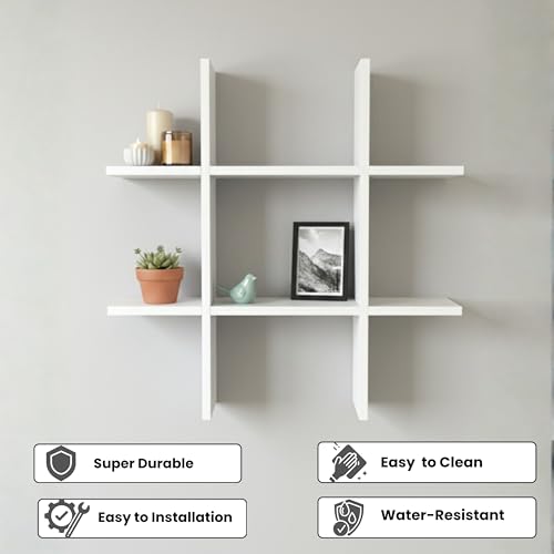 Image of Home Sparkle Decorative H Shape Wall Shelf | Engineered Wood Display Rack for Living Room, Bedroom & Office (White)
