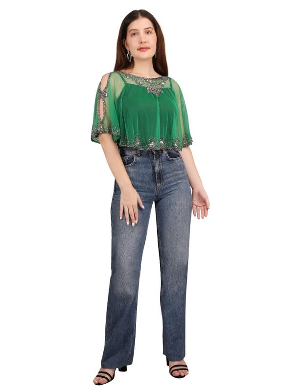 Ali Fashion Women New Poncho Cape for Women, Hand Beaded Embellished U-Nick Floral Pattern Loose Capelets shoulder, Beachwear Ponchos Capes (Green)-image-29
