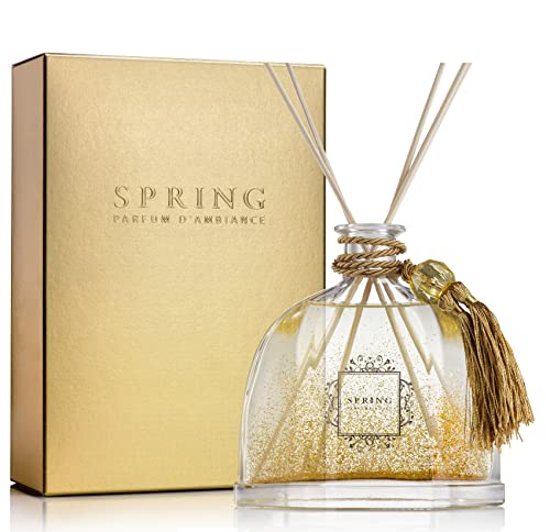 SPRING Diamond Decanter Reed Diffuser – Large 10.14 Oz | French-Made Fragrance | White Flower Scent with Lily, Jasmine & Tuberose | Gold Glitter Design