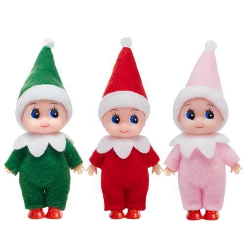 3pcs Mini Christmas Baby Elf Dolls for Girls Boys Cute Little Elfs Twins Christmas Baby Elves Small Elf Baby Doll Novelty Toys Tiny Christmas Dolls Elf Accessories for Kids Gift Xmas Stocking Stuffers