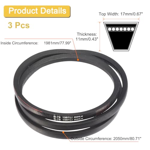 Image of uxcell 3 Pack B78 Classic Wrapped V-Belt, 81 inch Outside Circumference, Black Industrial Rubber V-Belt