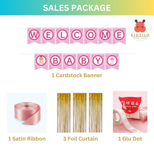 Image of 57 Pcs Welcome Baby Girl Decoration Kit | Balloons, Banner, Curtains, Foils, Stars, Hearts, Ribbon & Confetti for Baby Shower & Newborn Celebration Set 11