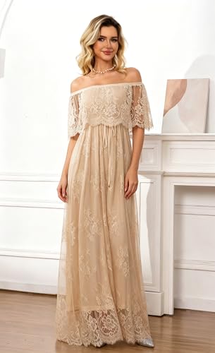 Image of HOYISHION Women's Off The Shoulder Floral Lace Maxi Dress White Bridesmaid Wedding Party Maternity Photoshoot Long Dresses