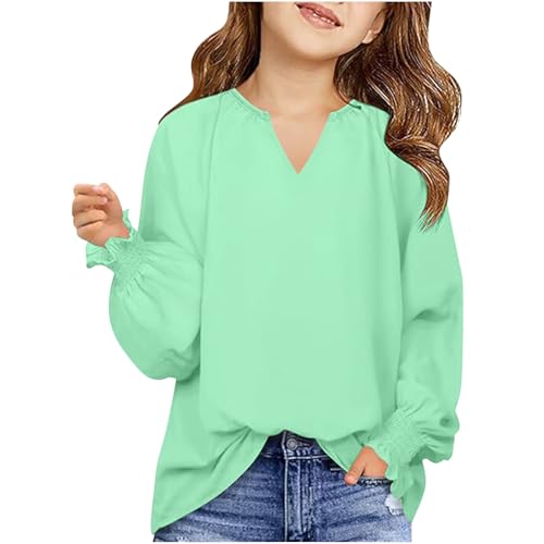Long Sleeve Pullover for Girls V Neck Notch Lightweight Quick Dry Casual Fashion Shirts Solid Puff Long Sleeve Tees
